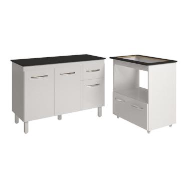 Imagem de Balcão Armário Gabinete Aline 118 cm Branco com Tampo Preto e Balcão Evelyn para Cookto...