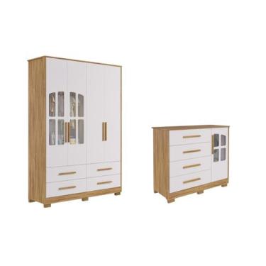 Imagem de Guarda Roupa e Cômoda Infantil Moveis Peroba Charlo Elo MDF, Branco Am