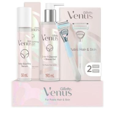 Imagem de Gillette Venus Kit de barbear feminino para pelos pubianos e pele, 1 cabo Venus, 2 refis de lâmina de barbear, limpador 2 em 1 e gel de barbear 190 ml, sérum calmante diário para cuidados