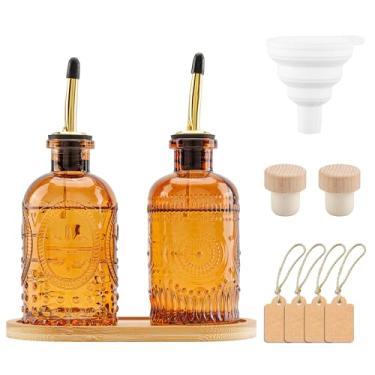 Imagem de Izzydodo 2 peças elegantes de 250 ml garrafa dispensadora de azeite de oliva de vidro com bico de metal – Galheteiro de óleo e vinagre de 250 ml com funil, jarra de vidro elegante para cozinha