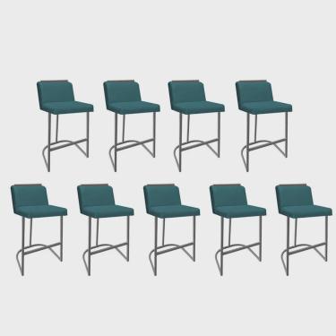 Imagem de Kit 09 Banquetas Com Encosto Ninna Bistrô Cozinha Aplique Ferro Prata Suede Azul Turquesa - Ahz Móveis