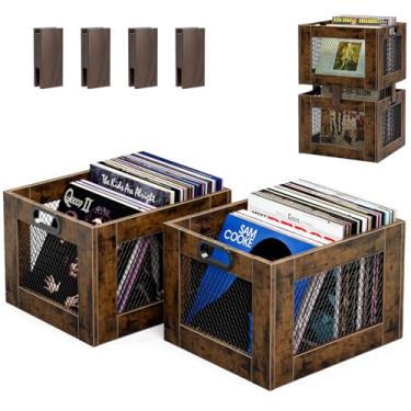 Imagem de TEMI Caixa de armazenamento de discos de vinil – Suporte grande de madeira para mais de 70 álbuns – Organizador de discos de estilo industrial e solução de armazenamento de discos durável para casa ou