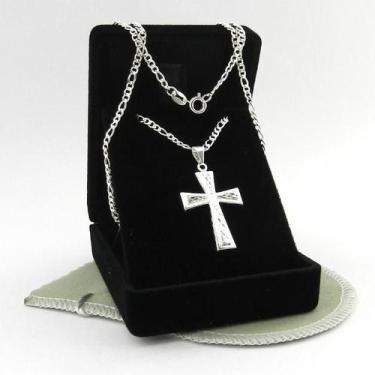 Imagem de Corrente Masculina 70Cm 2Mm + Cruz Folheado Prata Cr400 - Wnbijouteria