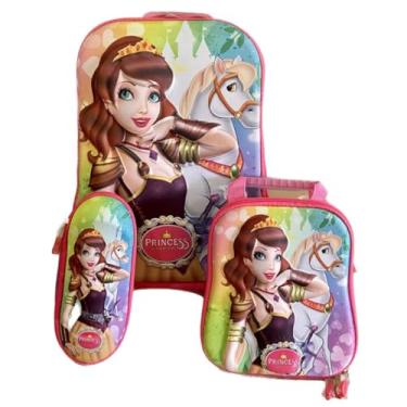 Imagem de Kit De Mochila Escolar Infantil Feminina Princesa Guerreira 3D Com Rodinha Tripla Em Silicone Acompanha Lancheira E Estojo Resistente Impermeável