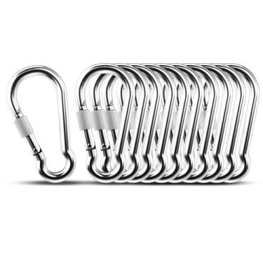 Imagem de KINLINK Mosquetão com Trava de Parafuso, Pacote com 10, Clipes de Mosquetão Resistentes de 3,15", Clipes Pequenos de Aço Inoxidável 304, Mosquetões para Acampamento Ao Ar Livre, Balanço, Rede, Caminha