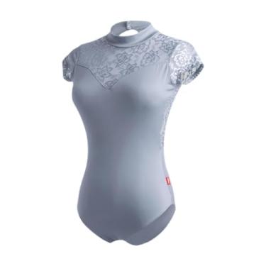 Imagem de kowaku Collant de balé feminino, moda verão, ajuste respirável, estampa floral, renda nas costas, Cinza Claro, Xl