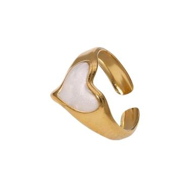 Imagem de Anel de aço inoxidável em forma de coração para mulheres banhado a ouro 18 k sem desbotamento Design brilhante padrão de martelo ajustável em forma de coração, Aço inoxidável, Sem pedra preciosa