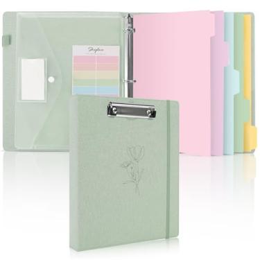 Imagem de SKYDUE Fichário de 3 anéis com prancheta, fichário de linho de 2,5 cm para papel de folha solta de 3 furos, tamanho carta com 5 divisórias, bolso e etiquetas material escolar e de escritório - verde