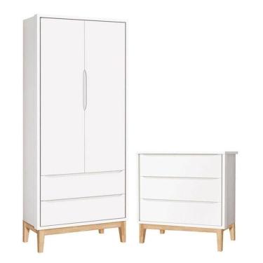 Imagem de Cômoda Gaveteiro E Guarda Roupa Infantil 2 Portas New Classic Branco Com Pés Madeira Natural ? Reller