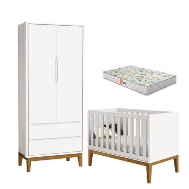 Imagem de Berço Americano E Guarda Roupa 2 Portas New Classic Branco Com Pés Madeira E Colchão Gazin ? Reller