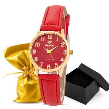 Imagem de Relógio Eura Dourado Feminino Pulseira de Couro Embalagem Presente, Ve