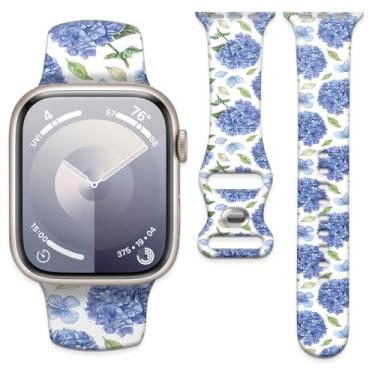 Imagem de Pulseira de relógio compatível com Apple Watch de 38 mm, 40 mm, 41 mm e 42 mm, pulseira de substituição com fecho clássico para Apple Watch Series SE 10, 9, 8, 7, 6 5 e Utral (flores azuis escuras)