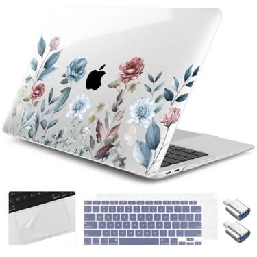 Imagem de Yebiseven Capa para MacBook Air de 13 polegadas M1 2021 2020 2019 2018 modelo A2337/A2179/A1932, capa rígida para laptop com capa de teclado e protetor de trackpad e 2 adaptadores OTG, flores em
