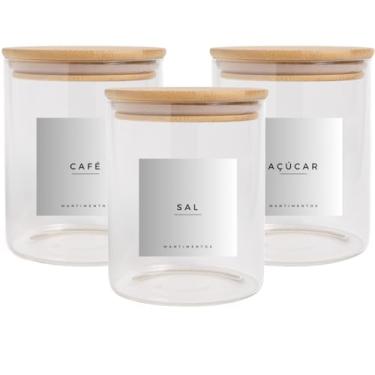Imagem de Kit 3 Potes Herméticos De Vidro Com Tampa De Bambu E Escrita 10x15cm Sal Açúcar E Café
