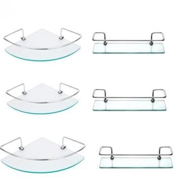 Imagem de Kit Prateleiras de Vidro para Banheiro, 6 Peças, Incolor, Alumínio e Vidro, Cantoneira 29x20cm e Reta 30x10cm, 6mm