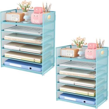 Imagem de Subekyu Organizador de papel de mesa de 6 camadas, bandeja de arquivo de carta com alça, classificador de documentos e suporte de acessórios para escritório, casa e escola, azul - pacote com 2
