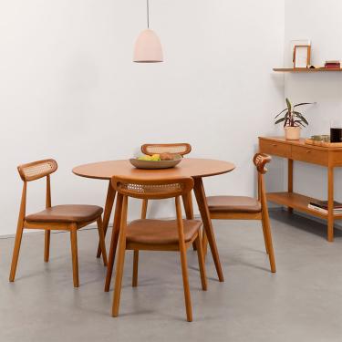 Imagem de Conjunto Mesa Jantar Square Laminada Redonda Natural - 1,08m + 4 Cadeiras Dalí Encosto Palha Larga - Cognac