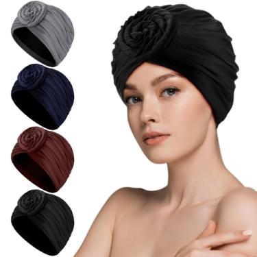 Imagem de Yearntown Touca de natação feminina de poliéster impermeável plissada elástica confortável para cabelos longos mantém o penteado inalterado (marrom, rosa, azul royal, preto)