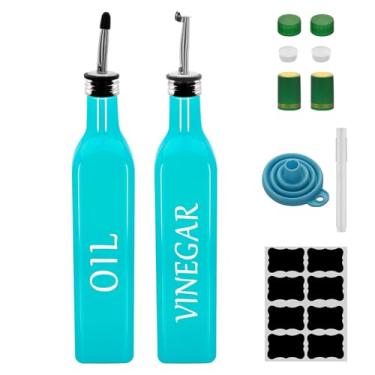 Imagem de Garrafa dispensadora de azeite, 2 peças de 500 ml de vidro de 500 ml, conjunto de dispensador de vinagre com 2 dosadores de aço inoxidável, 8 etiquetas, garrafas de vinagre de funil para cozinha
