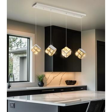 Imagem de dolria 4 luzes pendentes de cristal retangulares modernas para sala de jantar LED regulável lustre de iluminação pendente para cozinha, ilha, hall de entrada, corredor, escada, prata