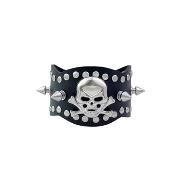 Imagem de Pulseiras de couro punk para mulheres e homens, pulseira de esqueleto de caveira gótica, pulseira preta, rebite de couro PU, pulseiras cravejadas, joias punk góticas, acessórios de rock, One Size