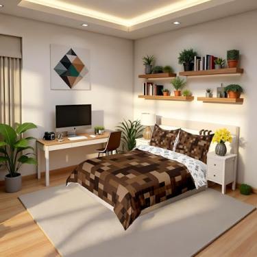 Imagem de Sandbox Conjunto de cama para meninas, tamanho solteiro, jogo de edredom com estampa camuflada do exército, jogos de videogame, desenho animado (sem edredom), decoração de quarto marrom, 1 fronha