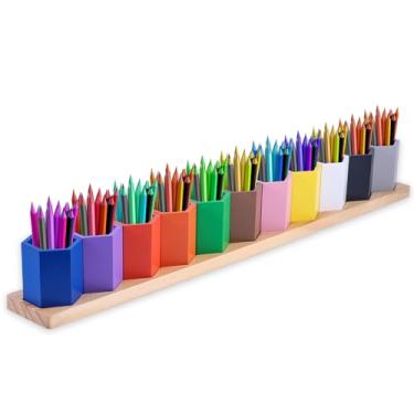 Imagem de Diegimr Porta-lápis de cor de madeira, organizador de giz de cera Montessori, com 11 compartimentos móveis, caixa organizadora de canetas, marcadores, caixa organizadora para crianças, mesa