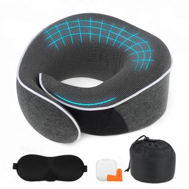 Imagem de VOCOSTE Almofada de pescoço para viagens de avião, suporte ergonômico de espuma viscoelástica para voos longos, com máscara para os olhos e tampões de ouvido, soneca para casa e escritório, presentes