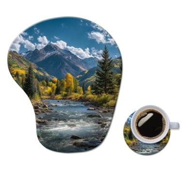 Imagem de Mouse pad ergonômico com descanso de pulso, tapete de mouse de gel de computador confortável suporte de pulso para laptop, mouse para alívio da dor com base de PU antiderrapante floresta de outono