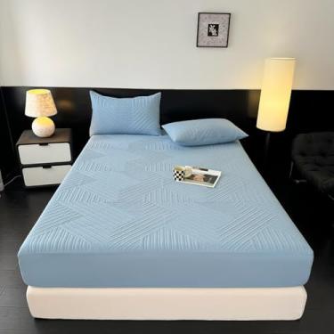 Imagem de Lençol com elástico à prova d'água, capa contra poeira, macio, respirável, lençol de cama solteiro/casal/queen/king, protetor de colchão acolchoado, lavável na máquina - azul | 90 x 200 cm (conjunto