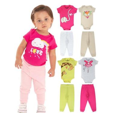 Imagem de Kit Body 8 Peças de Roupas para Bebê Menina 4 Body longo 4 Calça Mijão