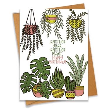 Imagem de PEONYNFOX Cartão de aniversário botânico Another Year Another Plant para amantes de plantas - Tamanho 16 x 12 cm em branco por dentro com envelope Kraft