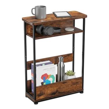 Imagem de YEAKOO Mesa de canto para espaço estreito, mesas laterais estreitas de 3 níveis moderna com prateleira de armazenamento, mesa de cabeceira fina com suporte de revistas, sala de estar, escritório em