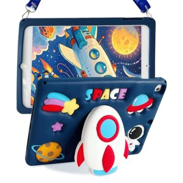 Imagem de Capa para iPad 9ª/8ª/7ª geração de 10,2 polegadas (2021/2020/2019) para meninos, design dinâmico de foguete 3D com alça giratória e alça de ombro de silicone (azul)