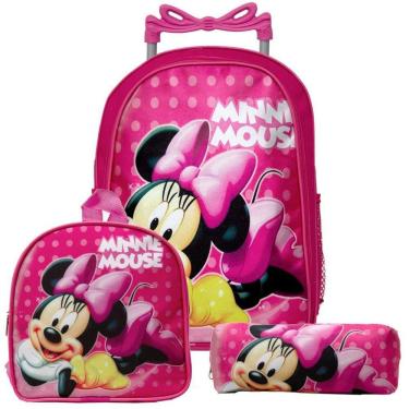 Imagem de Mochila Menina Infantil Minnie Rodinha Lancheira Estojo