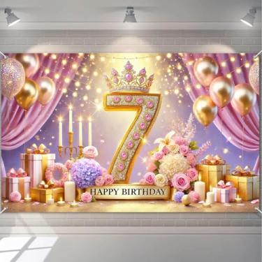 Imagem de HOMETITUTE Pano de fundo de feliz aniversário para meninas, fundo de festa de princesa com balões dourados, velas e flores, faixa de aniversário ao ar livre para fotos de 189 x 109 cm