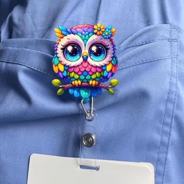 Imagem de Porta-crachá retrátil com estampa de coruja - Suporte de cartão de identificação de enfermeira de acrílico - Design moderno com estampa de ramo de coruja de desenho animado - presente de dia das mães