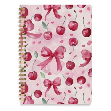 Imagem de Caderno moderno Coquette rosa laço cereja, diário bonito para mulheres, material de escritório, caderno espiral de capa dura 14 x 21 cm