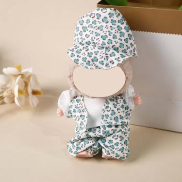 Imagem de Compatível com Labubu (sem boneca) - Conjunto de estampa de leopardo azul-verde (chapéu + colete + calça + blusa branca), roupas de boneca de 15 cm/17 cm
