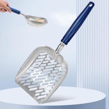 Imagem de Colher de areia para gatos pequenos com cabo longo - Peneira de liga de alumínio para lixo, orifício diagonal para limpeza fácil de cocô, leve e durável, 33 cm x 12 cm, alça azul