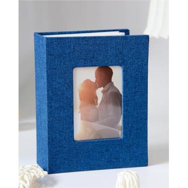 Imagem de Álbum de fotos 10 x 15 com capa de linho, pequeno álbum de fotos para 100 fotos, álbum de fotos portátil para família, livro de fotos de férias (azul)