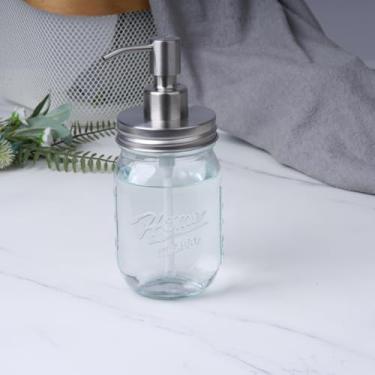 Imagem de Dispensador de sabão líquido Mason Jar com bomba de aço inoxidável à prova de ferrugem, recarregável, reutilizável, dispensador de loção de vidro para banheiro e cozinha, desinfetante para as mãos