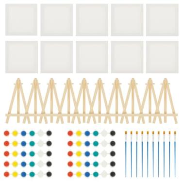 Imagem de Conjunto de 10 kits de tinta acrílica, 10 cm criativas seguras pequenas tintas para artesanato em aquarela, kit de pintura em tela lisa e plana com pincéis, tiras de pintura de cavalete para crianças