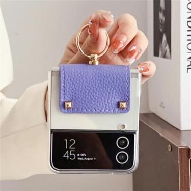 Imagem de Moda com alça de pulso de anel capa de telefone transparente para Samsung Galaxy Z Flip 5 4 3 PC rígido traseiro, roxo, para Samsung Z Flip 3