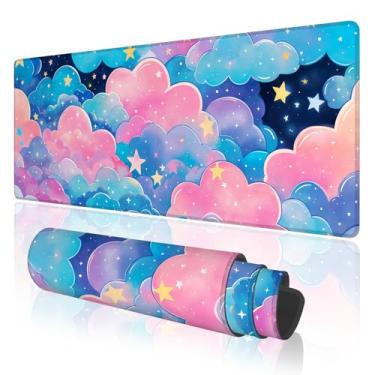 Imagem de TOXXU Mouse pad grande para jogos de nuvem rosa com base antiderrapante, Kawaii Colorful Clouds Extended XL Mousepad para menina, tapete de mesa fofo com bordas costuradas para