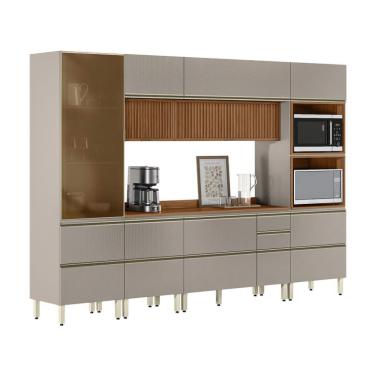 Imagem de Armário de Cozinha Completa Ripada com 1 Vidro Reflecta Proença 9 Portas 8 Gavetas Nude e Nogueira