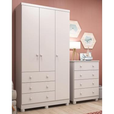 Imagem de Jogo De Quarto Infantil Júnior Guarda Roupa 3 Portas E Cômoda 4 Gavetas Branco Brilho - Móveis Peroba