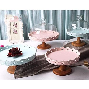 Imagem de Suporte de bolo europeu com cúpula, prato vazado de cerâmica, bandeja de pão e queijo, cobertura de preservação de frutas, suporte de bolo, bandeja de servir multifuncional (20,5 x 20,5 x 12 cm)