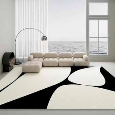 Imagem de Tapetes laváveis à máquina, 160 x 220 cm, minimalista, para sala de estar, leve, luxuoso, sofisticado, para quarto, grande área, preto, branco, simples, geométrico, sofá, tapete