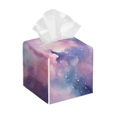 Imagem de Porta-lenços de couro quadrado à prova d'água nuvem de estrela colorida galáxia organizador de papel facial com cinto inferior cubo estojo de lenços para mesa, banheiro, escritório, mesa, carro